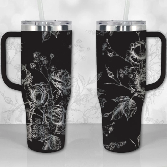 30oz or 40oz Tumbler with Handle, Wild Roses and Flowers Line Art Pattern Best Gifts NVA