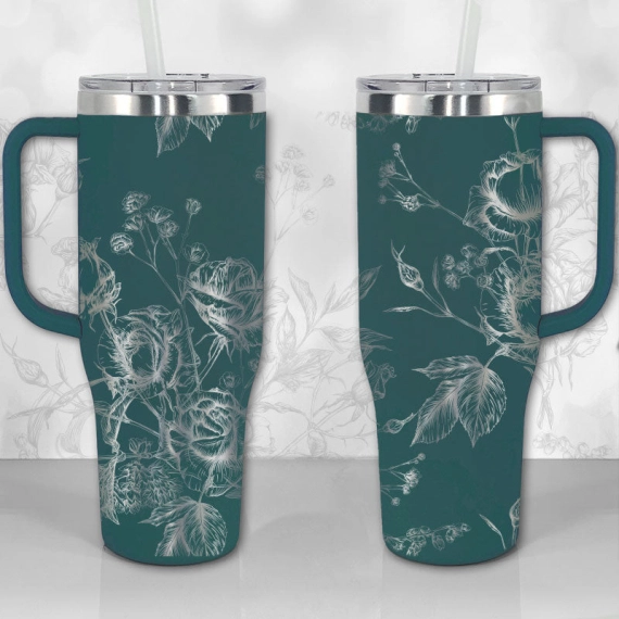 30oz or 40oz Tumbler with Handle, Wild Roses and Flowers Line Art Pattern Best Gifts NVA