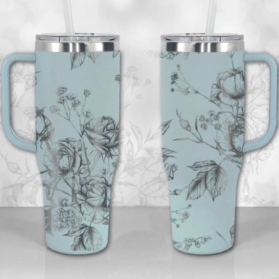 30oz or 40oz Tumbler with Handle, Wild Roses and Flowers Line Art Pattern Best Gifts NVA