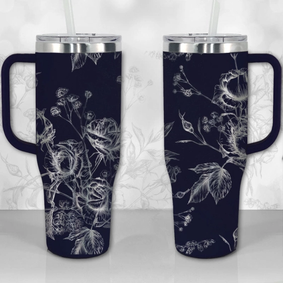 30oz or 40oz Tumbler with Handle, Wild Roses and Flowers Line Art Pattern Best Gifts NVA