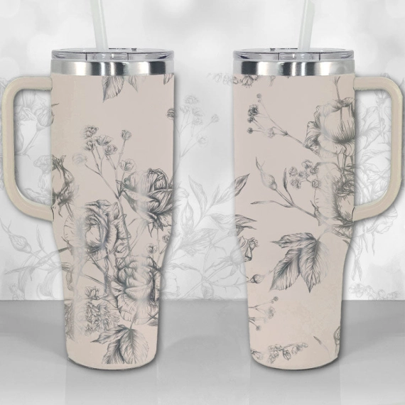 30oz or 40oz Tumbler with Handle, Wild Roses and Flowers Line Art Pattern Best Gifts NVA