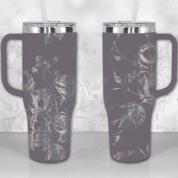 30oz or 40oz Tumbler with Handle, Wild Roses and Flowers Line Art Pattern Best Gifts NVA