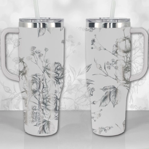 30oz or 40oz Tumbler with Handle, Wild Roses and Flowers Line Art Pattern Best Gifts NVA