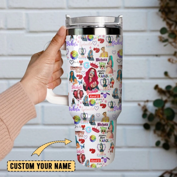 Karol G Singer Anime Custom  Quencher 30oz or 40oz Stainless Steel Tumbler With Handle,  Best gifts for Friend Family NVA