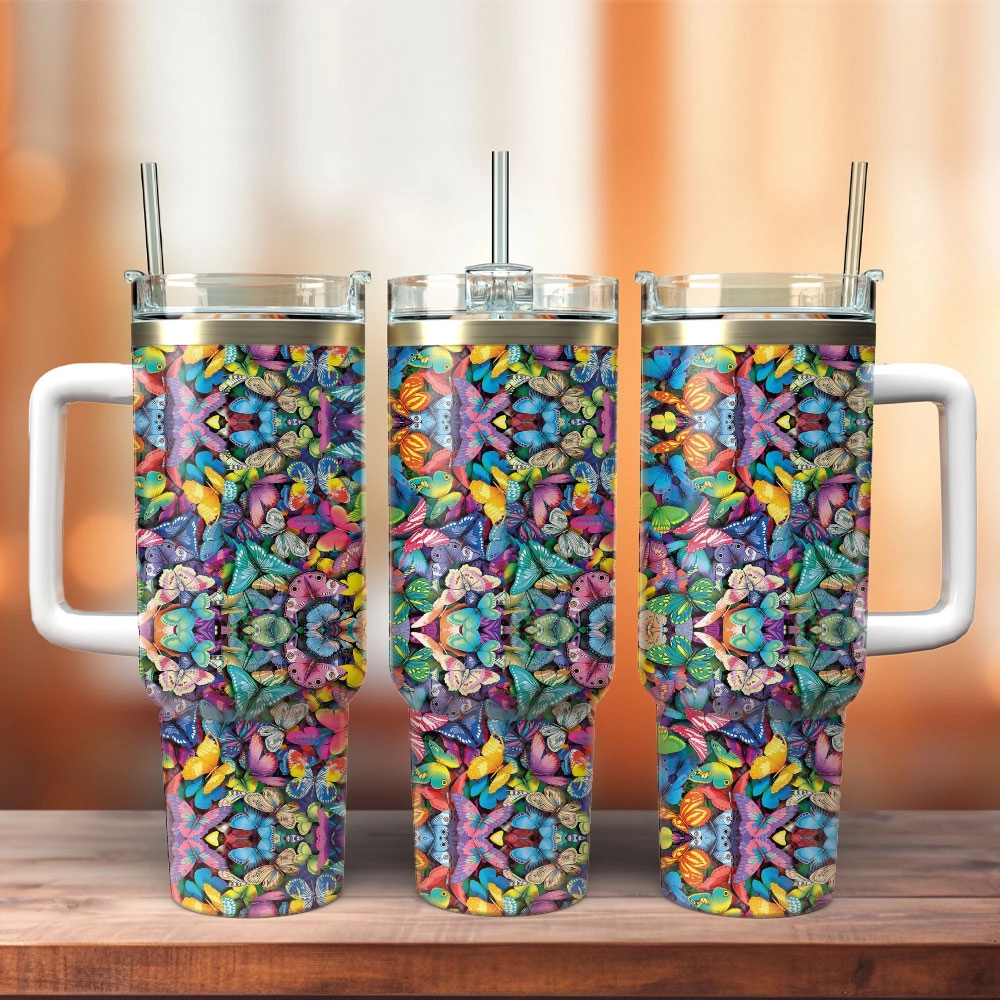 Colorful Butterfly Custom Quencher 30oz or 40oz Stainless Steel Tumbler With Handle, Best gifts for Friend Family NVA