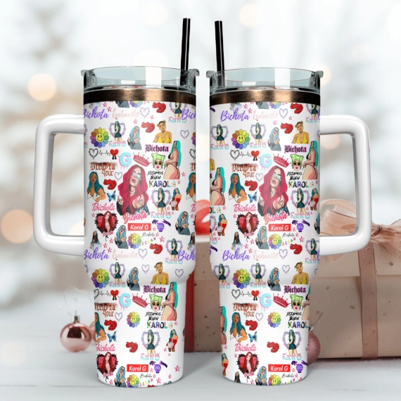 Karol G Singer Anime Custom  Quencher 30oz or 40oz Stainless Steel Tumbler With Handle,  Best gifts for Friend Family NVA