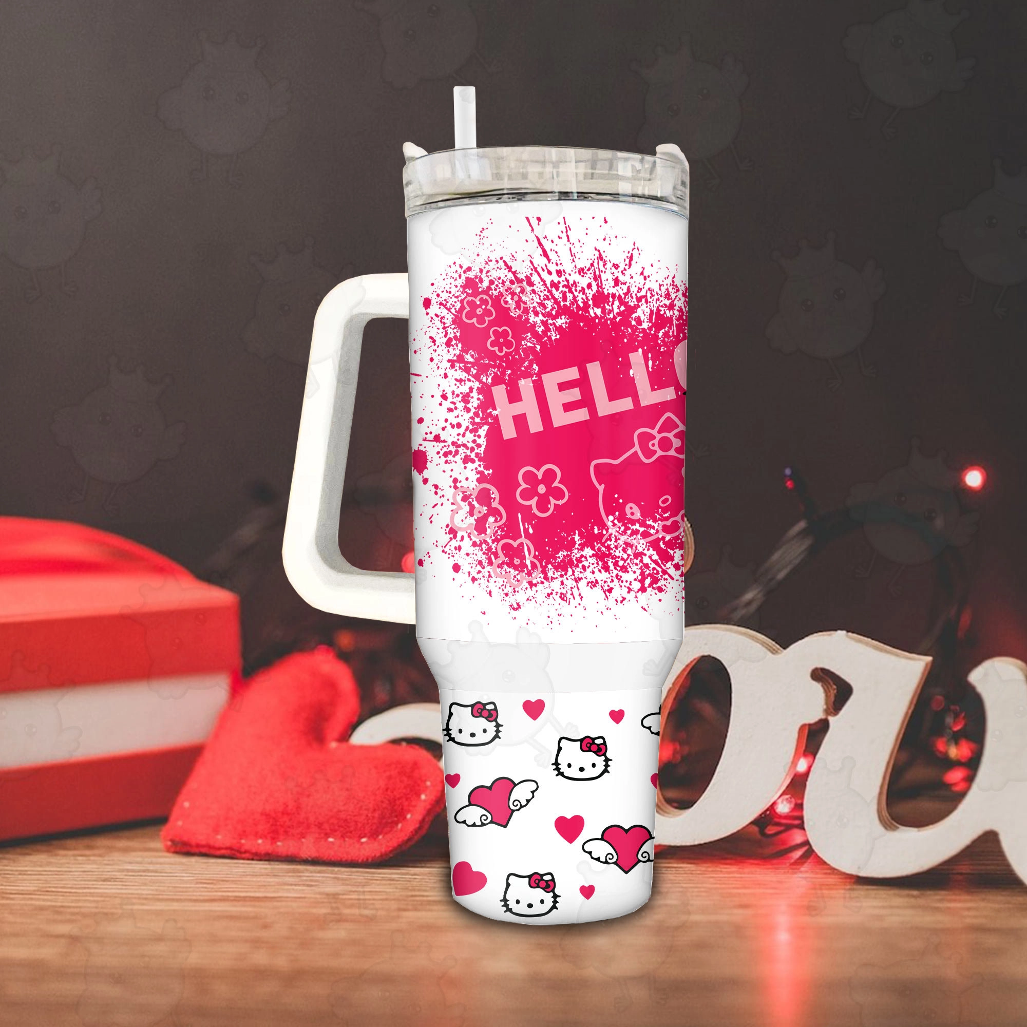Valentine Hello Kitty Love 30oz or 40oz Tumbler with Handle, Birthday Anniversary Tumbler Gift HFN