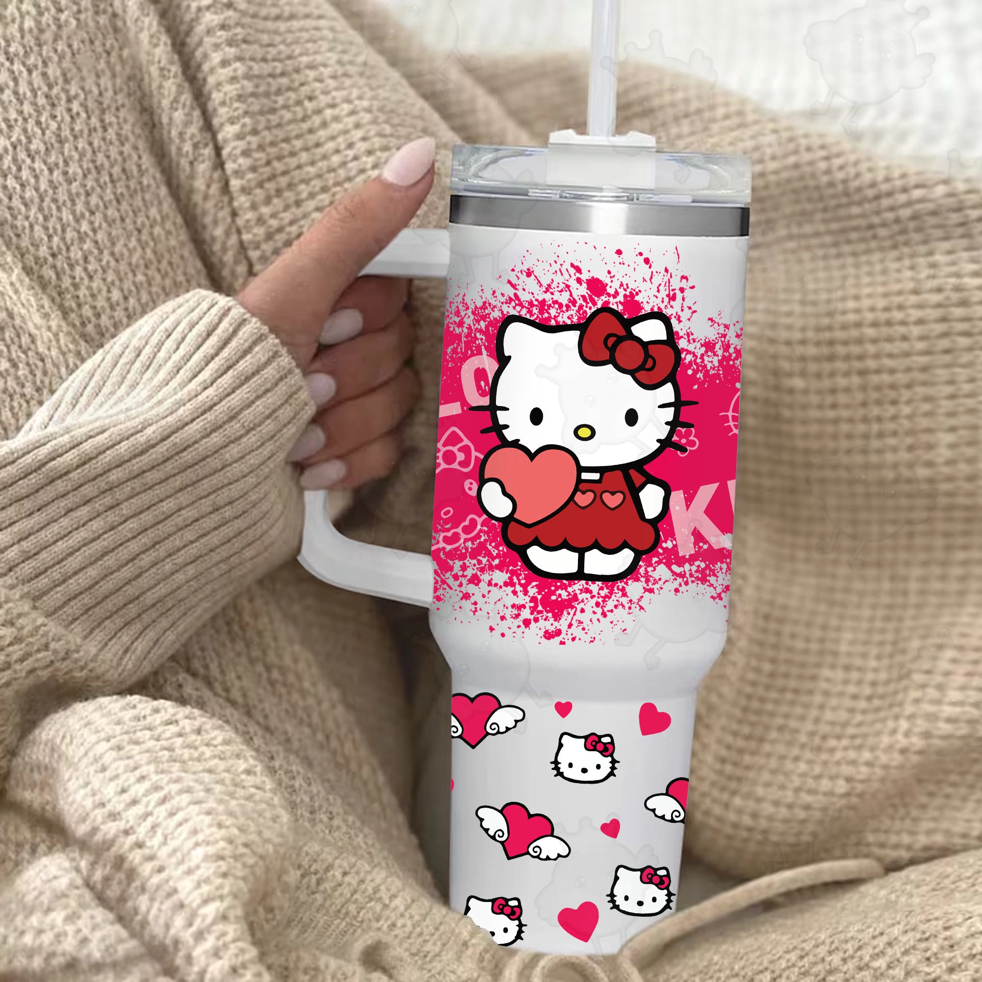 Valentine Hello Kitty Love 30oz or 40oz Tumbler with Handle, Birthday Anniversary Tumbler Gift HFN
