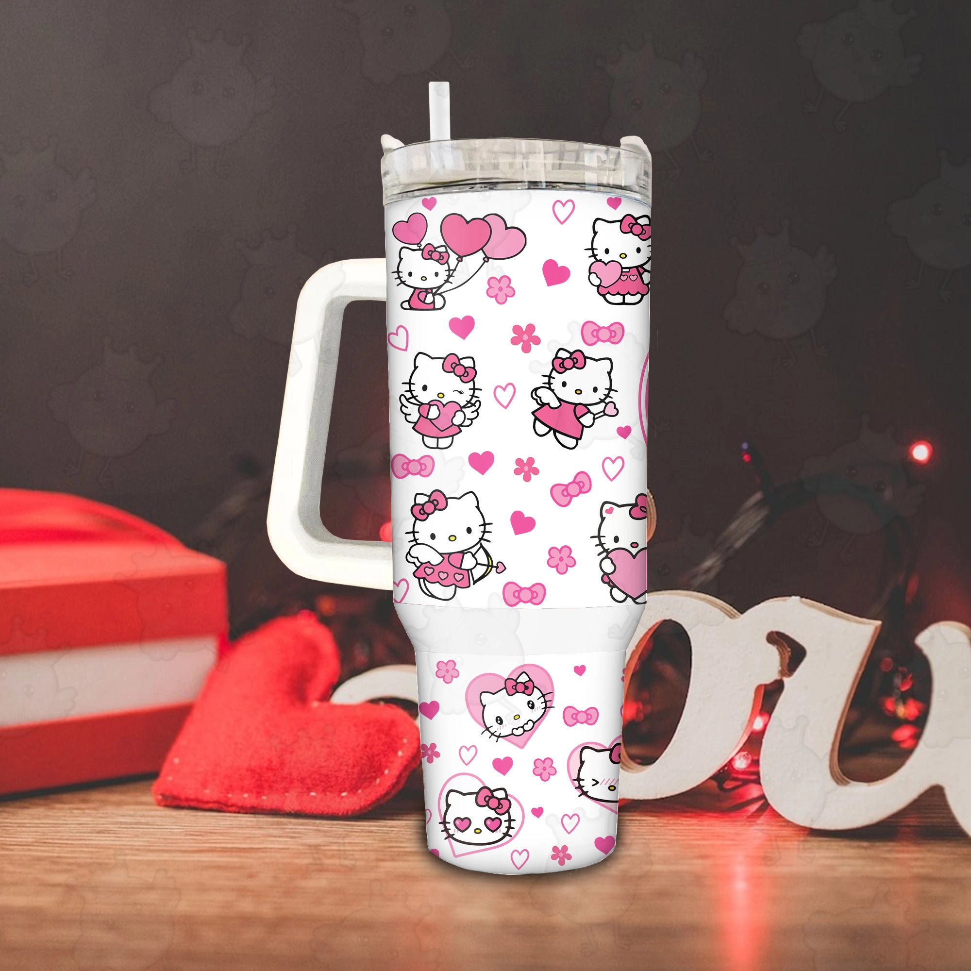 Valentine Cartoon Hello Kitty Cupid Love Heart 30oz or 40oz Tumbler with Handle, Birthday Anniversary Tumbler Gift HFN