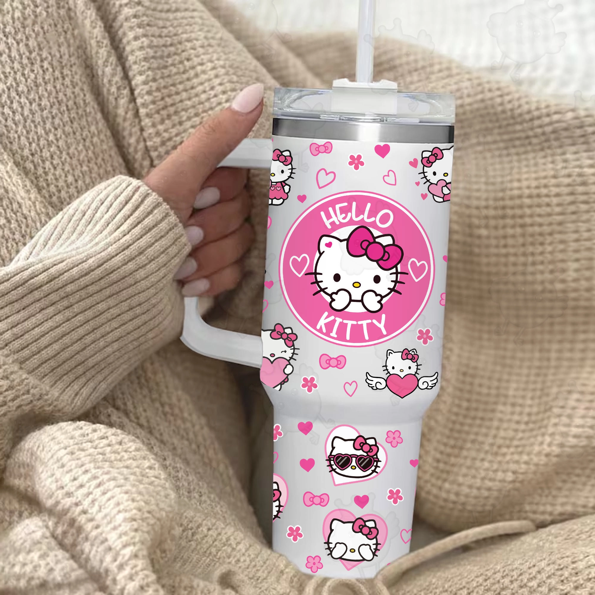 Valentine Cartoon Hello Kitty Cupid Love Heart 30oz or 40oz Tumbler with Handle, Birthday Anniversary Tumbler Gift HFN