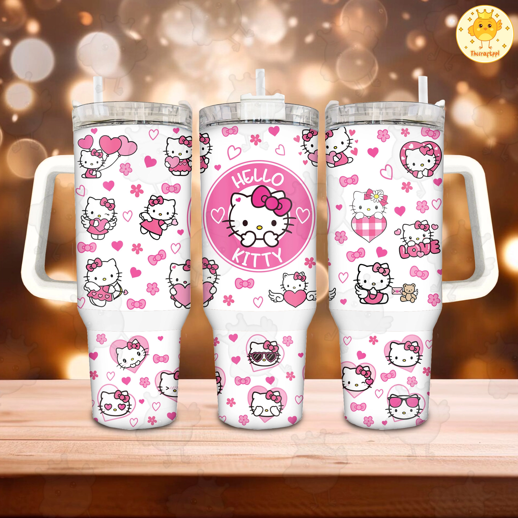 Valentine Cartoon Hello Kitty Cupid Love Heart 30oz or 40oz Tumbler with Handle, Birthday Anniversary Tumbler Gift HFN