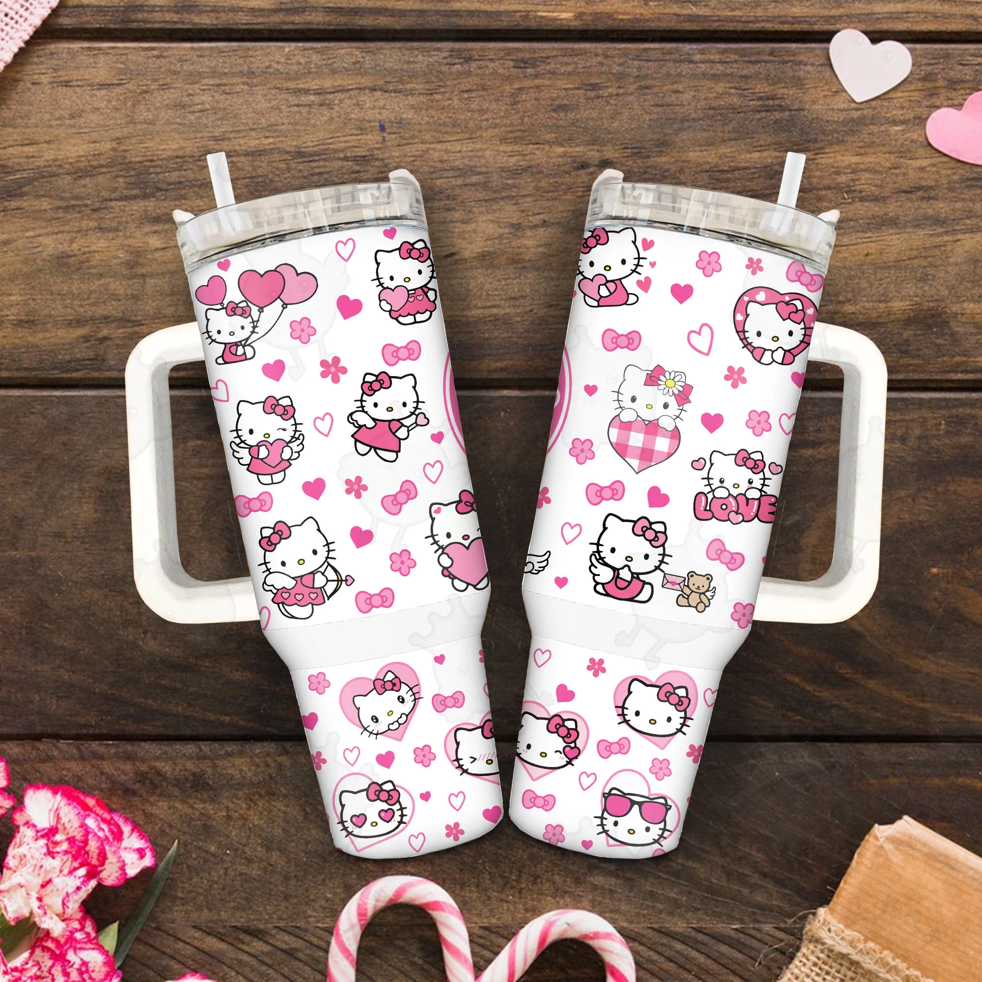 Valentine Cartoon Hello Kitty Cupid Love Heart 30oz or 40oz Tumbler with Handle, Birthday Anniversary Tumbler Gift HFN