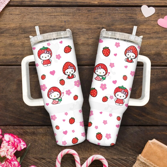 Strawberry Hello Kitty Happy Valentine Day 30oz or 40oz Quencher Tumbler, Valentine Cartoon 40oz Tumbler With Handle, Gift Valentine Tumbler HFN