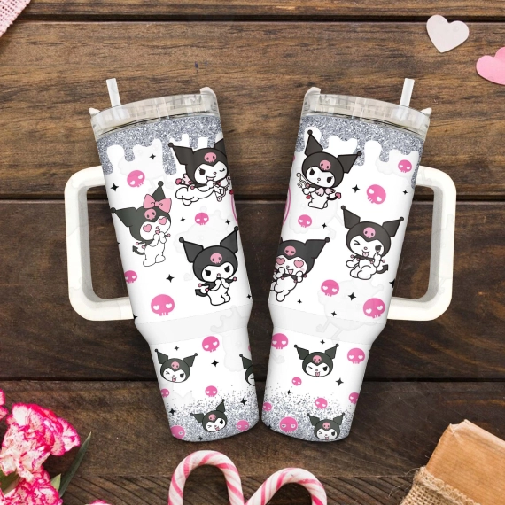 Kuromi Coffee Tumbler 30oz or 40oz, Valentine Movies Tumbler, Hello Kitty Fans Gift Valentine 40oz Quencher Tumbler, Valentine Cartoon 40oz Tumbler HFN