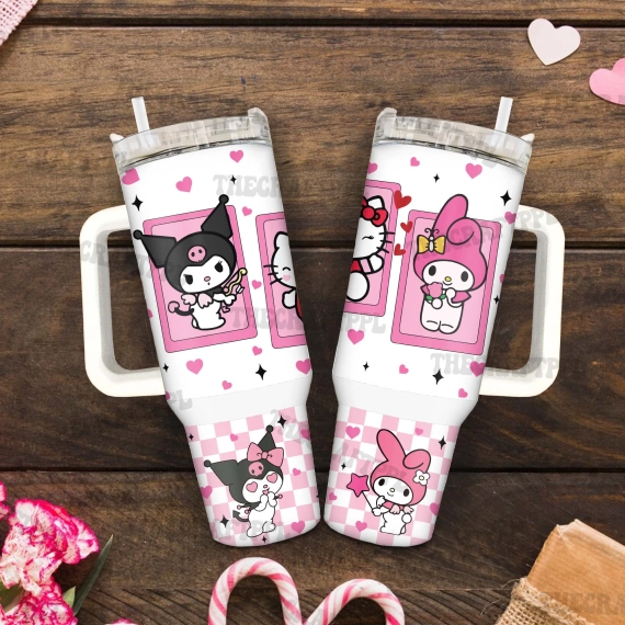 Kuromi Kitty Melody Hello Kitty Friends 30oz or 40oz Tumbler with Handle, Hello Kitty Fan Gift, Birthday Anniversary Tumbler Gift HFN