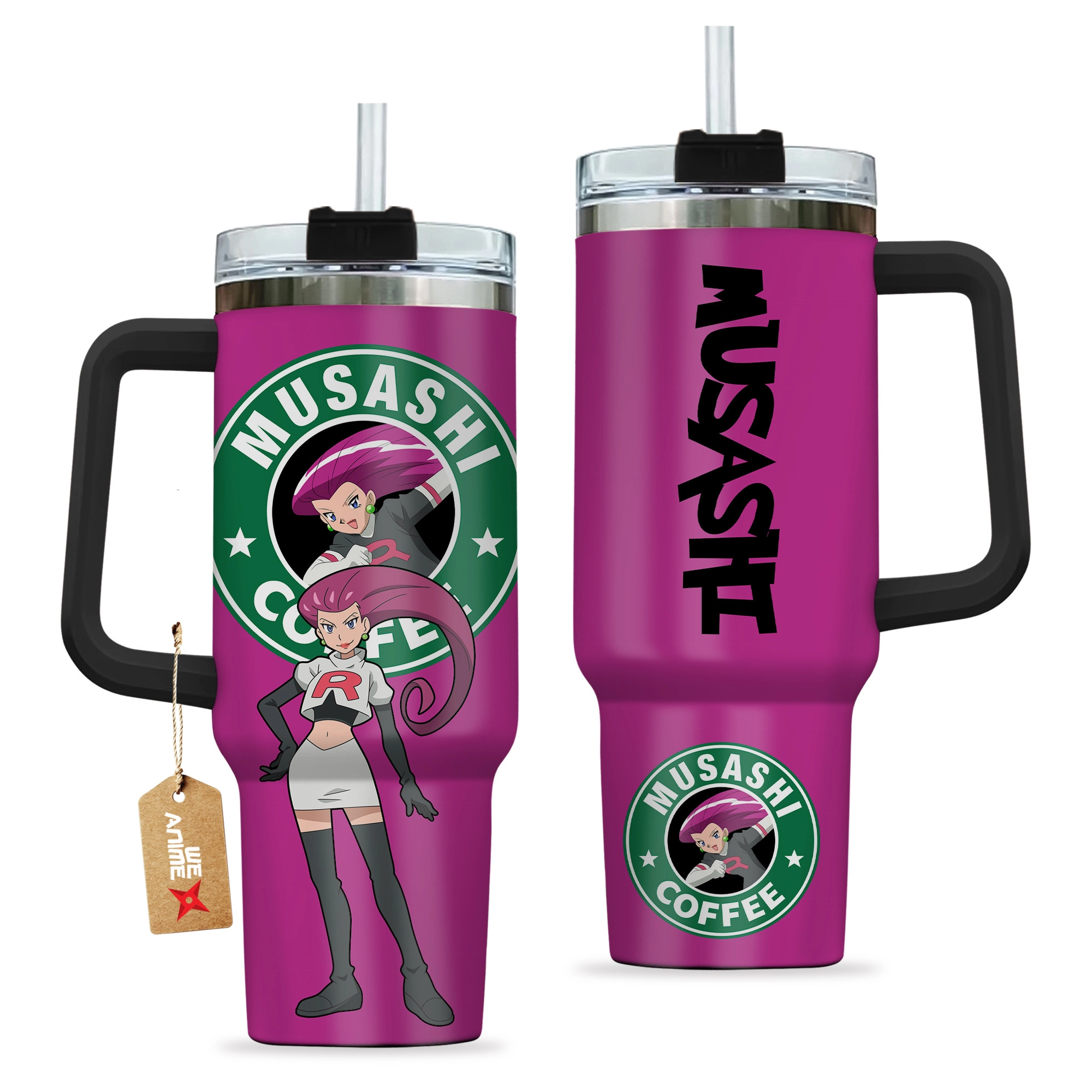 Jessie Musashi Coffee Pokemon Anime Custom 30oz or 40oz Quencher Stainless Steel Tumbler With Handle, Best Gift Idea NVA