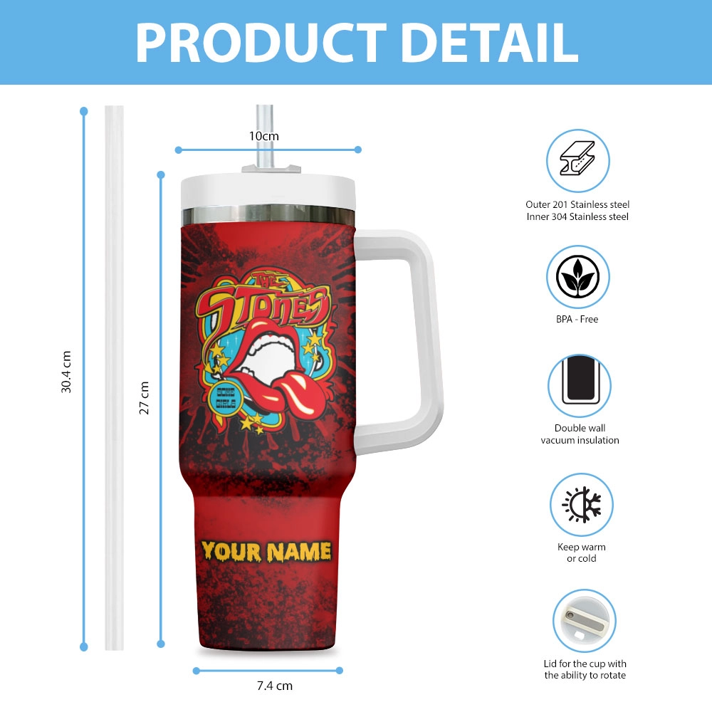 The Rolling Stones Music Custom Quencher 30oz or 40oz Stainless Steel Tumbler HG With Handle