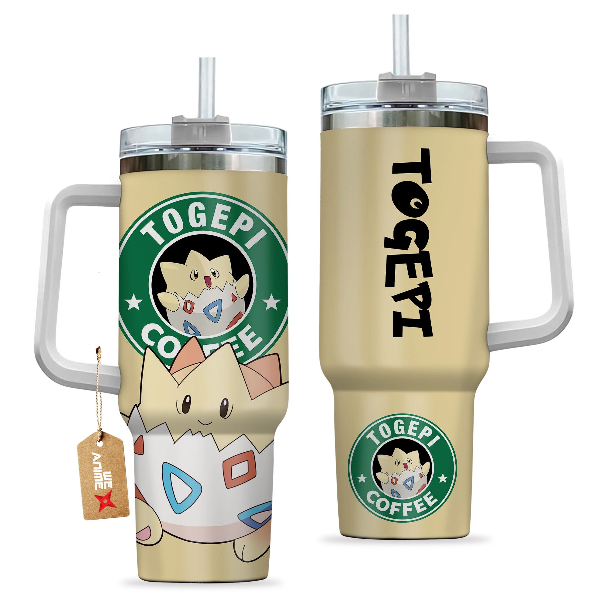 Togepi Coffee Pokemon Anime Custom 30oz or 40oz Quencher Stainless Steel Tumbler With Handle, Best Gift Idea NVA