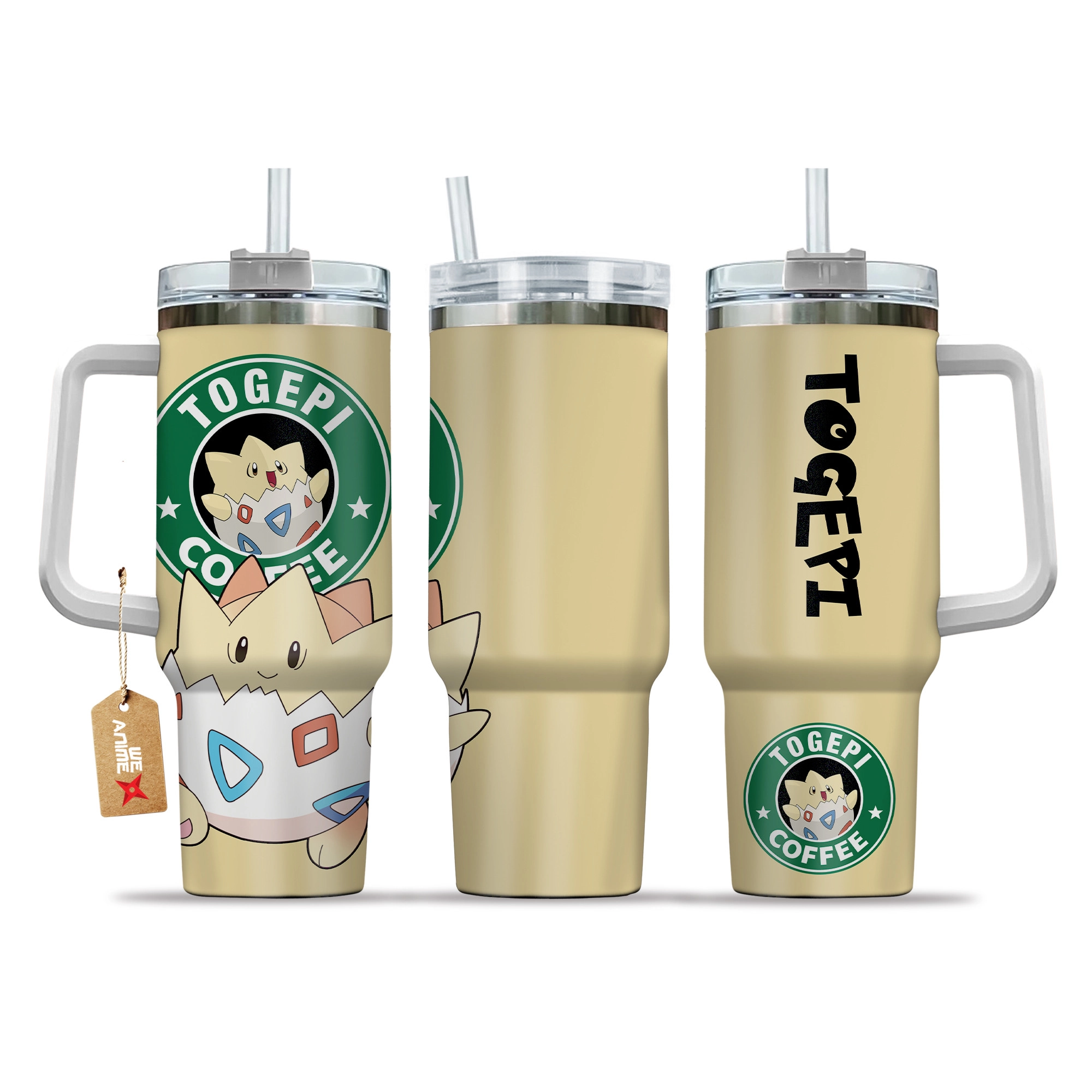 Togepi Coffee Pokemon Anime Custom 30oz or 40oz Quencher Stainless Steel Tumbler With Handle, Best Gift Idea NVA