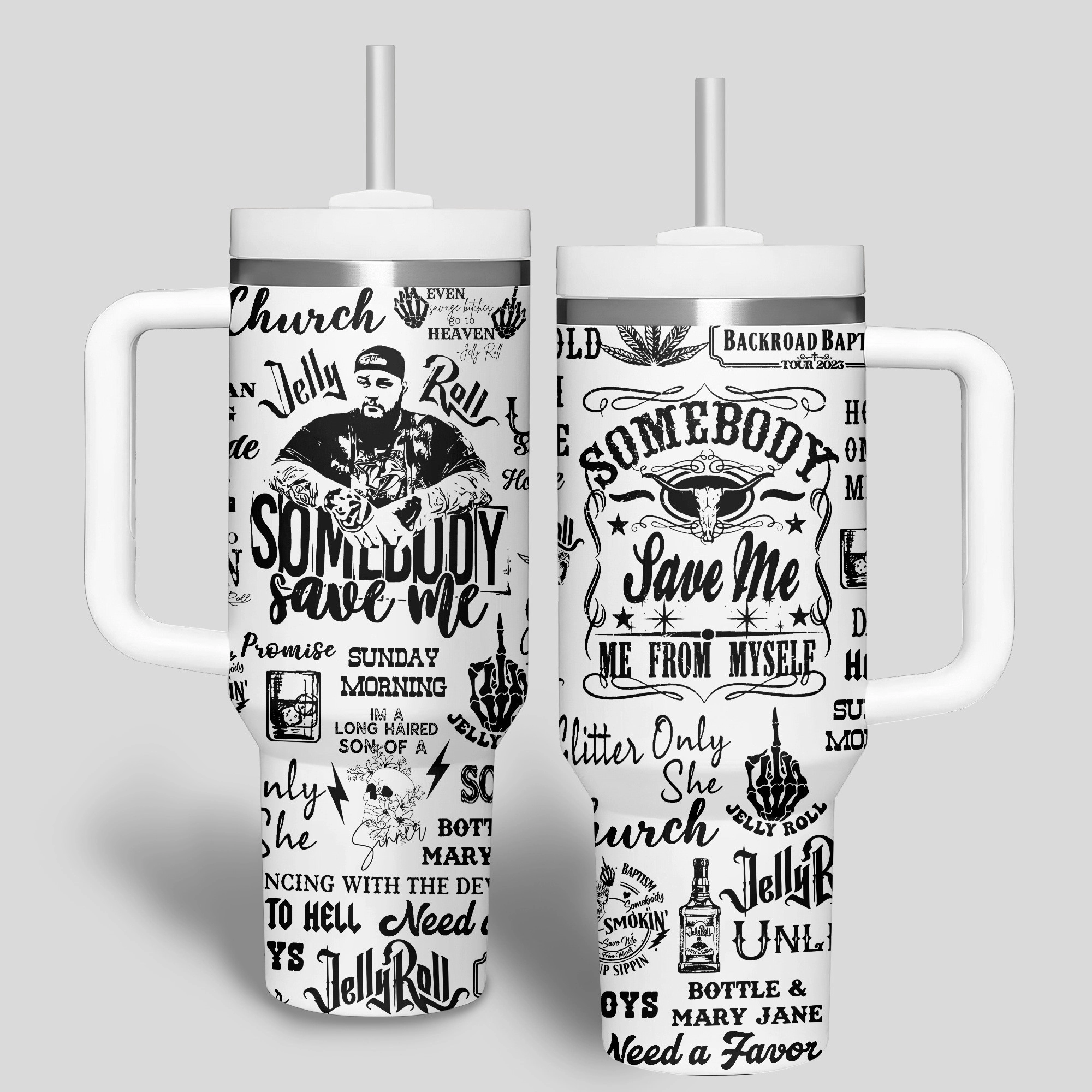 Jelly Roll Music Custom Stanley Quencher 30oz or 40oz Stainless Steel Tumbler With Handle HG