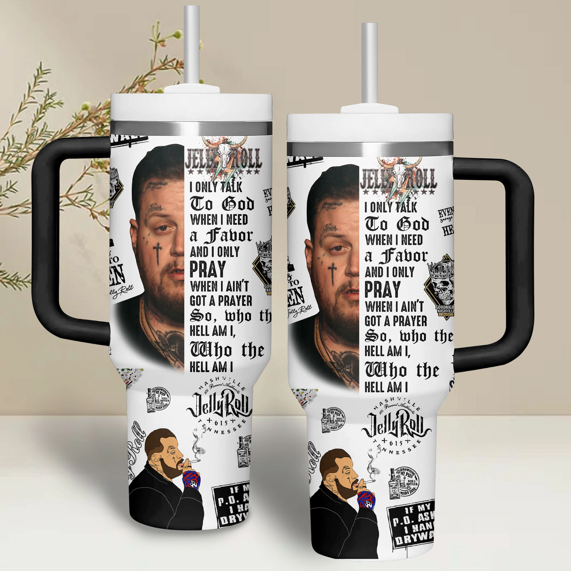 Jelly Roll Music Custom Stanley Quencher 30oz or 40oz Stainless Steel Tumbler With Handle HG