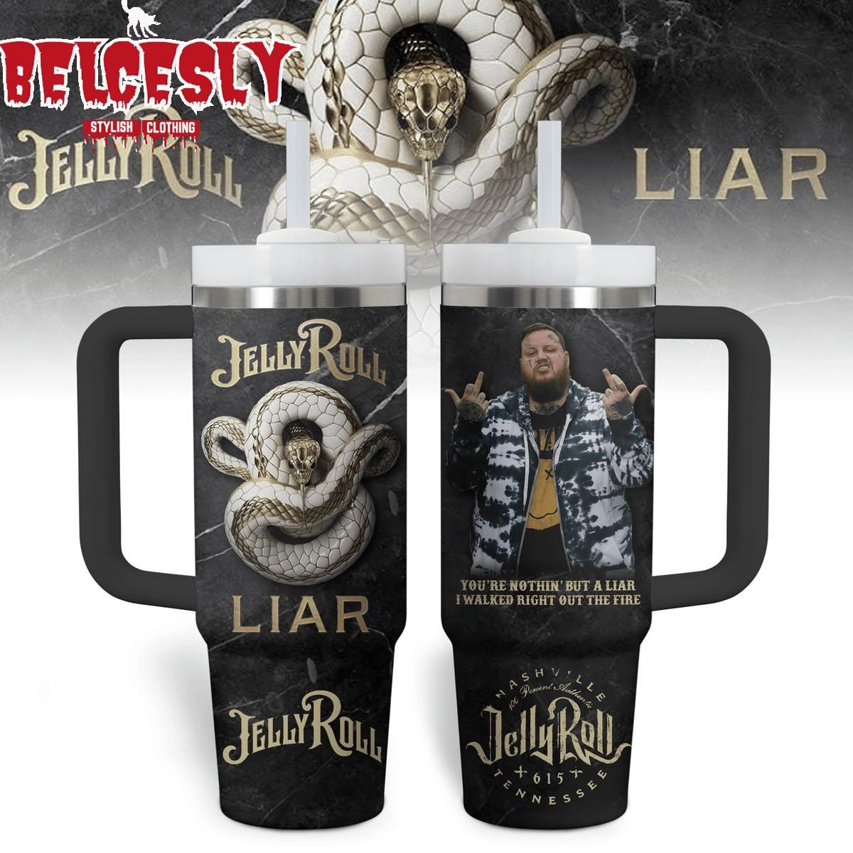 Jelly Roll Music Custom Stanley Quencher 30oz or 40oz Stainless Steel Tumbler With Handle HG