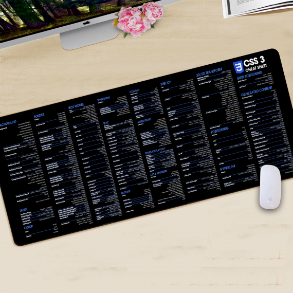 CSS3 Cheat Sheet Desk Mat | Home Office Decor| Gift Coworker | Quick Key, Large Anti-Slip Keyboard Pad Mouse Mat HG