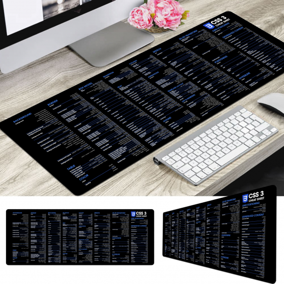 CSS3 Cheat Sheet Desk Mat | Home Office Decor| Gift Coworker | Quick Key, Large Anti-Slip Keyboard Pad Mouse Mat HG