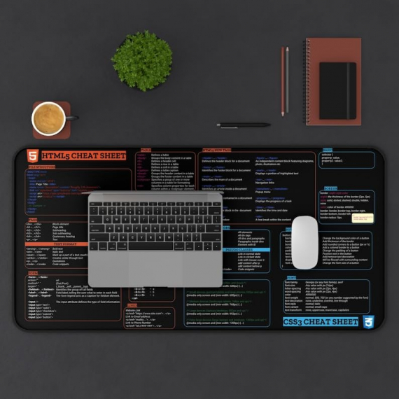 HTML5 and CSS3 Cheat Sheet Desk Mat | Home Office Decor| Gift Coworker | Quick Key, Large Anti-Slip Keyboard Pad Mouse Mat HG