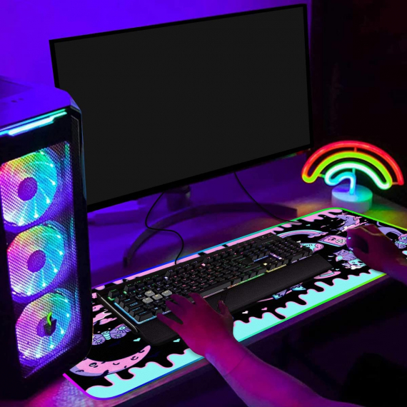 Pastel Purple Cat Pentacle Star Extra Large Thick RGB Mousepad Led, Devil Occult Baphomet Zodiac Aries Gothic Tarot Led Desk mat Anime Gaming, Witch Gifts, Kawaii Mouse mat Led Anime Stuff Gamer HG
