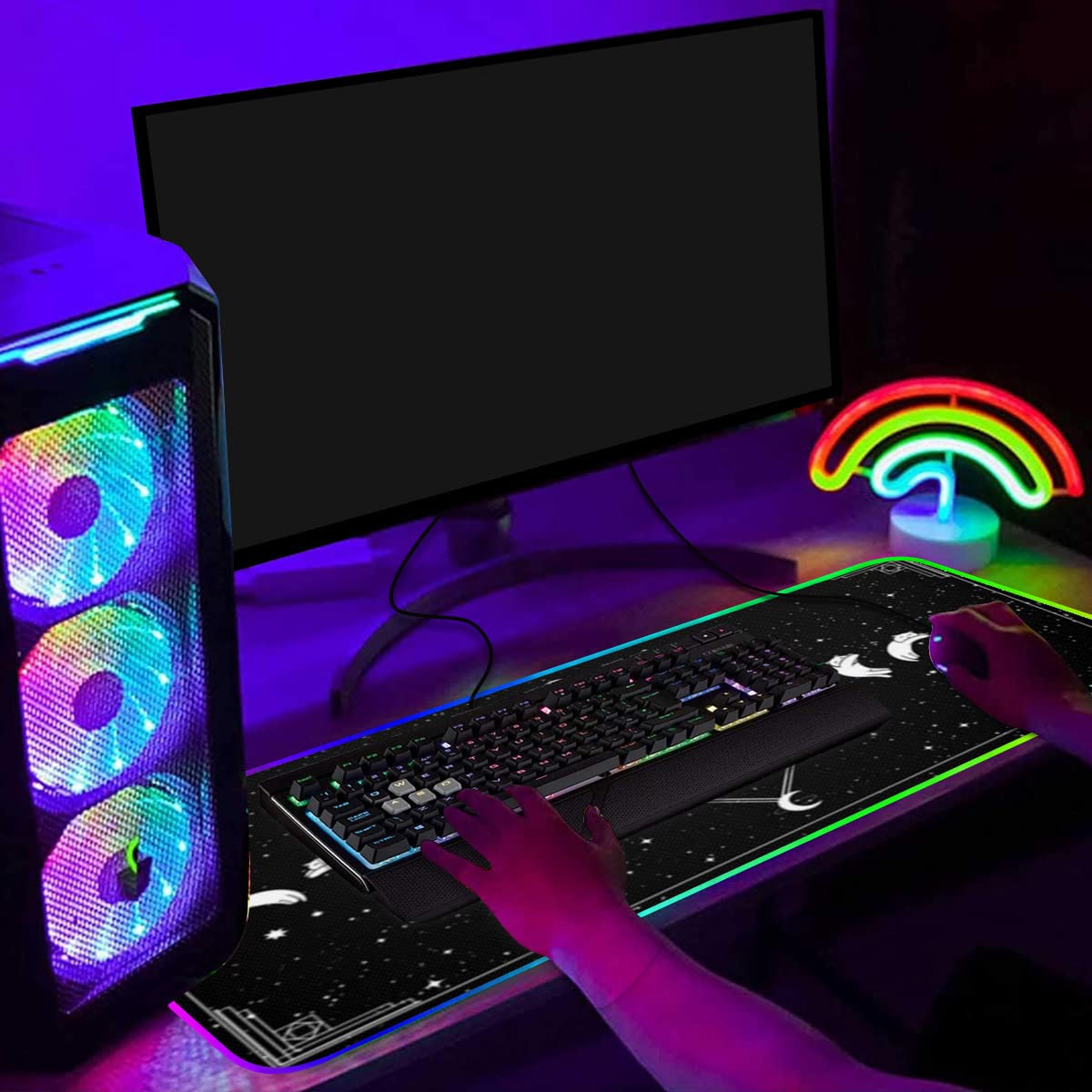 Cute Anime Cat Moon Phases Witchcraft Witchy Tarot Gift For Cat Lovers rgb mousepad Led Mouse pad Gaming, Kawaii Mouse pad Anime HG