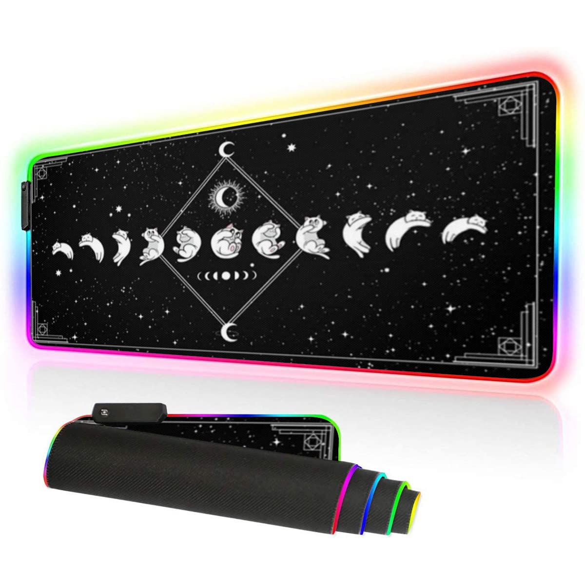 Cute Anime Cat Moon Phases Witchcraft Witchy Tarot Gift For Cat Lovers rgb mousepad Led Mouse pad Gaming, Kawaii Mouse pad Anime HG