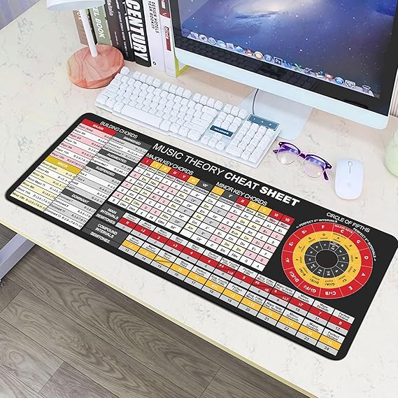 Music Theory Cheat Sheet with Circle of Fifths Mousepad, and Chord Building Table Mouse Mat, Educational Music Poster with Intervals Table Desk Mat KMH