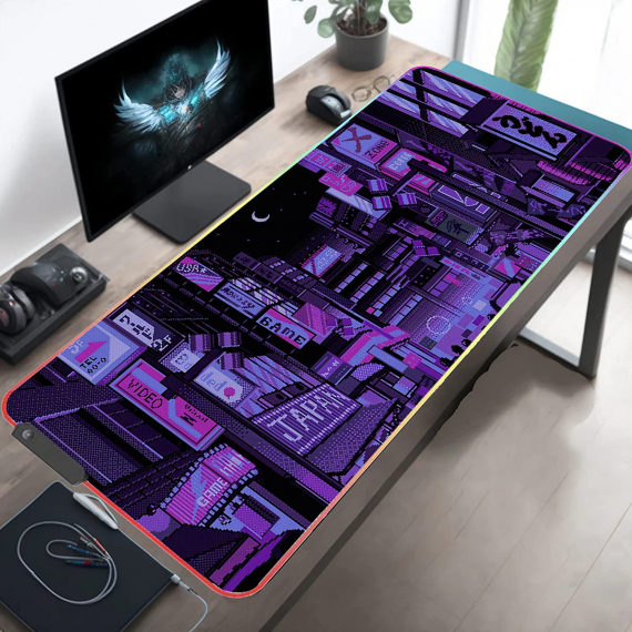 Purple Japanese Anime Night City Extra Large Thick RGB  Led Mouse pad Gaming Kawaii Anime Stuff Gamer Mouse Mat Led HG