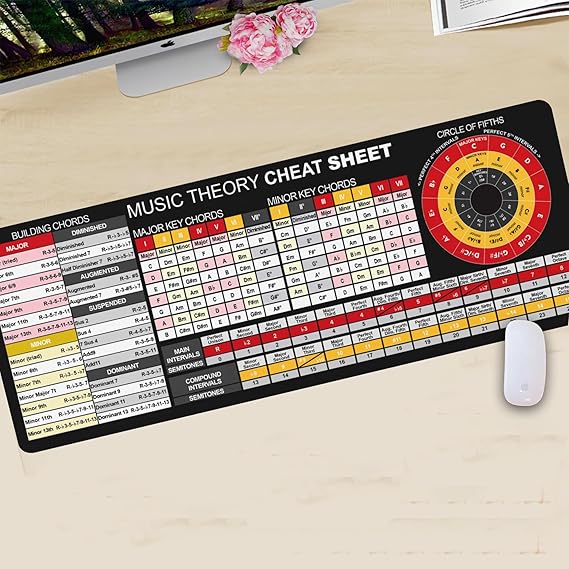 Music Theory Cheat Sheet with Circle of Fifths Mousepad, and Chord Building Table Mouse Mat, Educational Music Poster with Intervals Table Desk Mat KMH