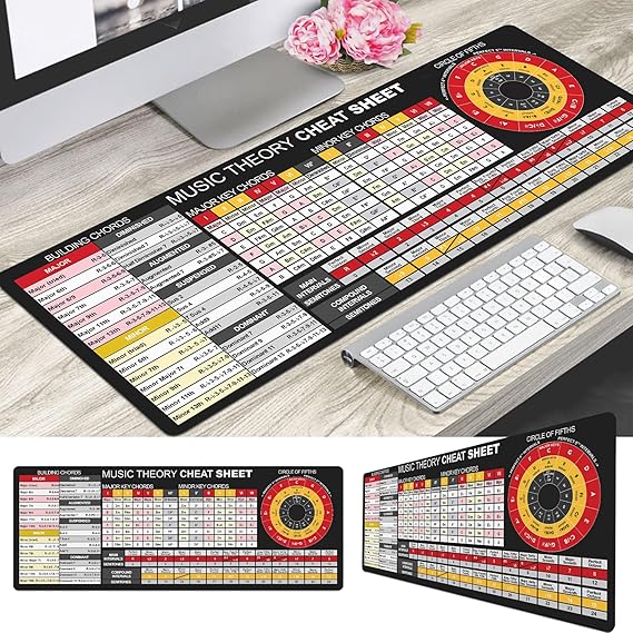 Music Theory Cheat Sheet with Circle of Fifths Mousepad, and Chord Building Table Mouse Mat, Educational Music Poster with Intervals Table Desk Mat KMH
