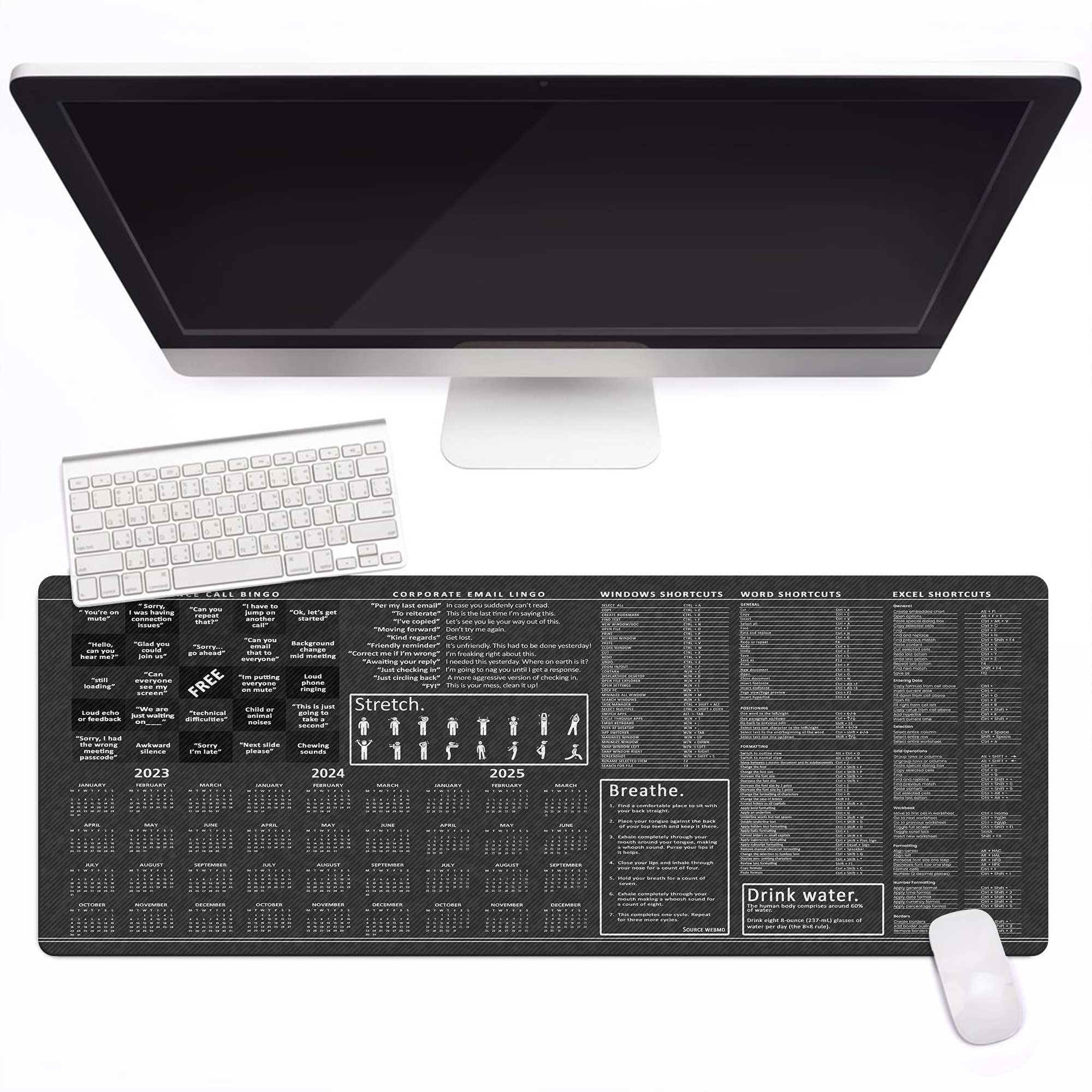 Calendar 2023 to 2025 Large Office Led Wireless Charging Mouse Pad, Conference Call Bingo Corporate Email Lingo Excel Shortcuts Stretches Windows Shortcuts Mouse Mat HG