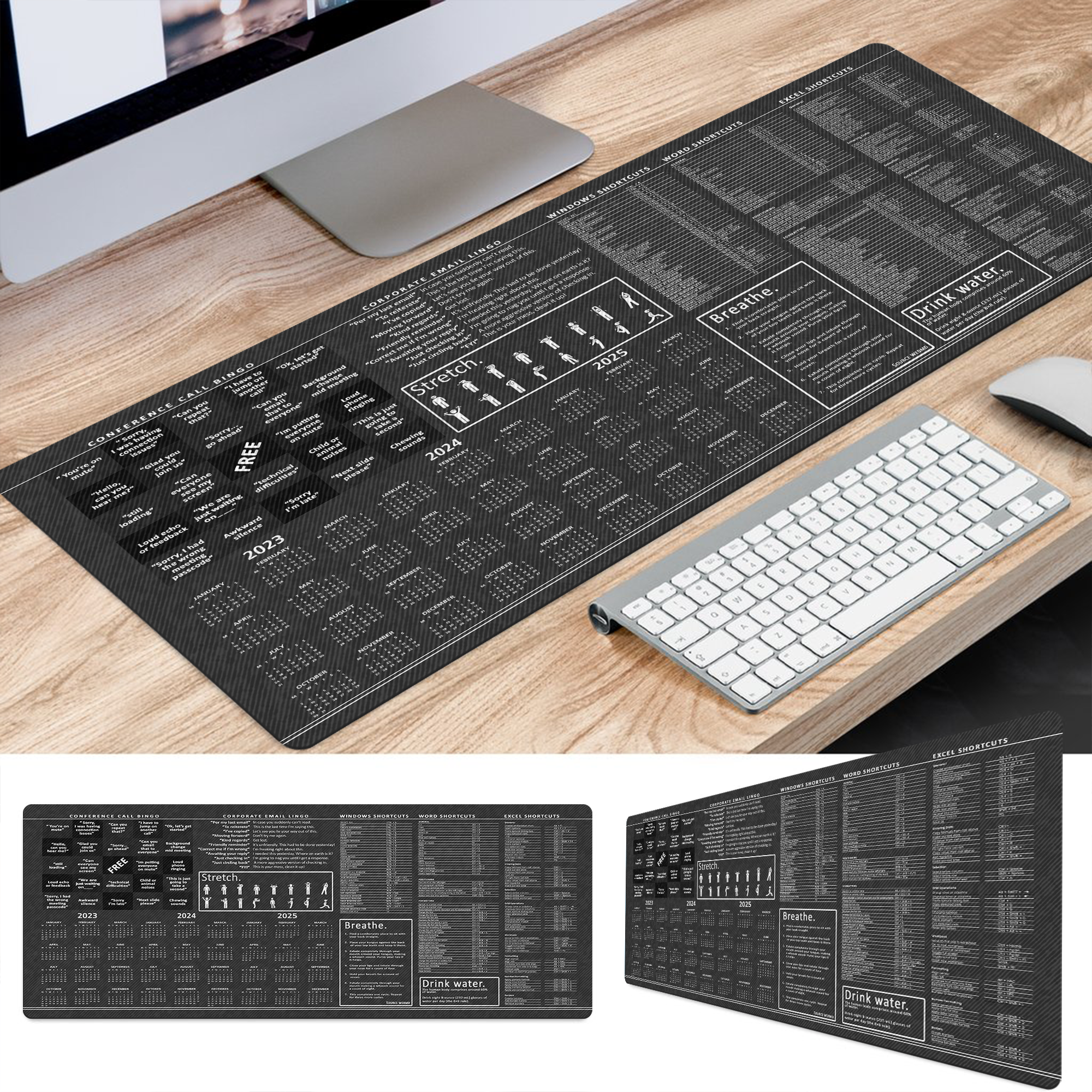 Calendar 2023 to 2025 Large Office Led Wireless Charging Mouse Pad, Conference Call Bingo Corporate Email Lingo Excel Shortcuts Stretches Windows Shortcuts Mouse Mat HG