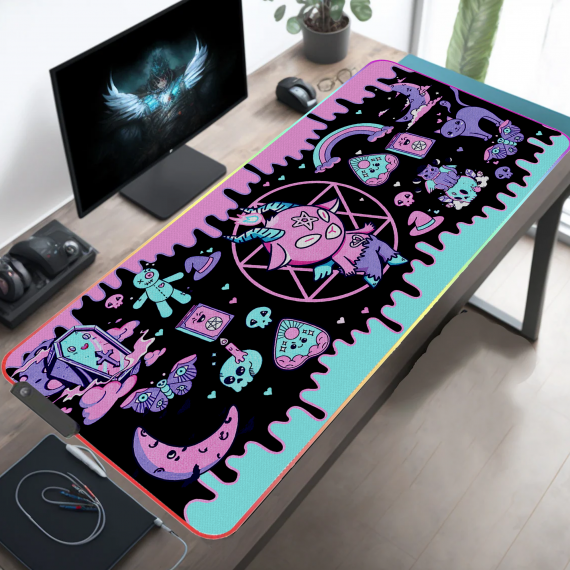 Pastel Purple Cat Pentacle Star Extra Large Thick RGB Mousepad Led, Devil Occult Baphomet Zodiac Aries Gothic Tarot Led Desk mat Anime Gaming, Witch Gifts, Kawaii Mouse mat Led Anime Stuff Gamer HG