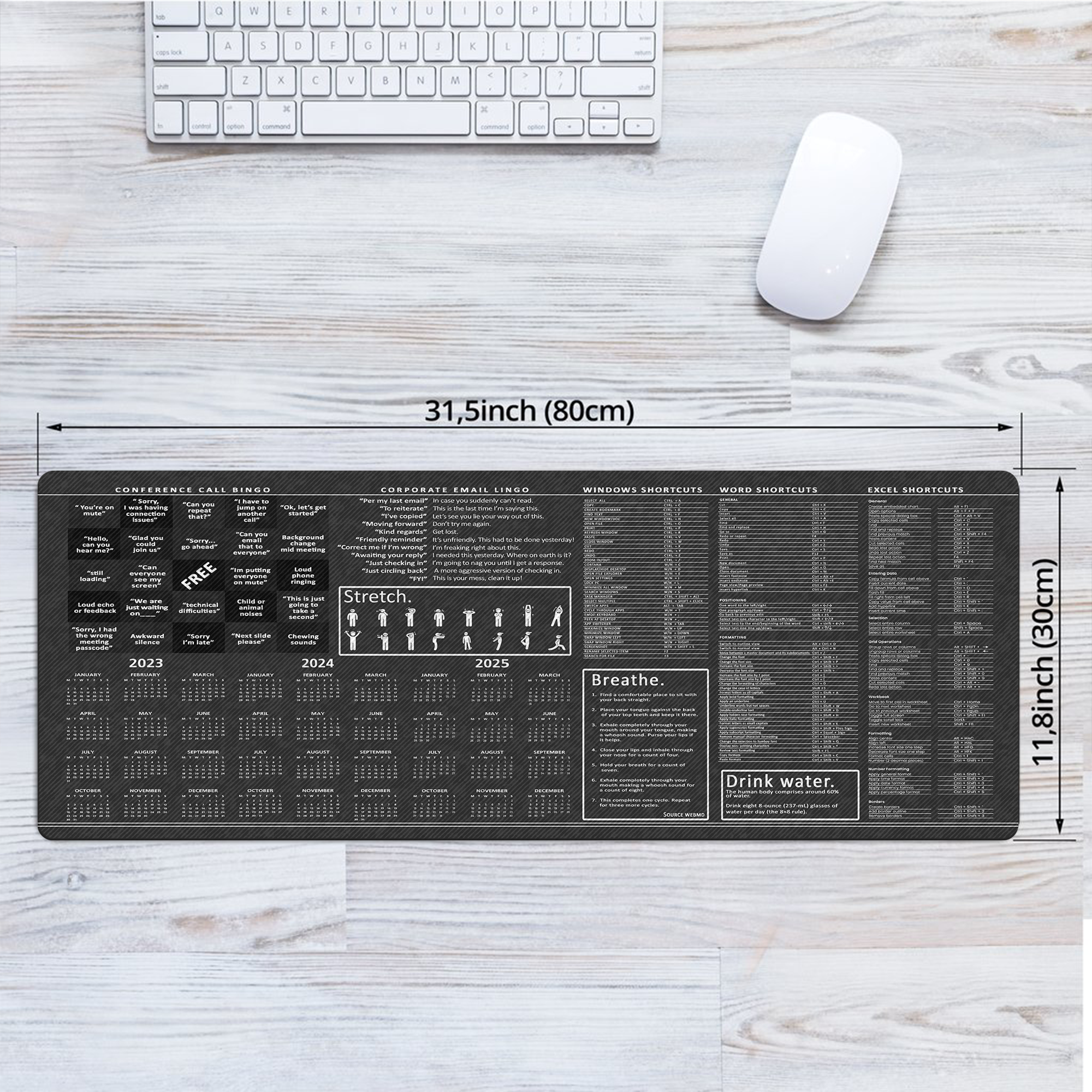 Calendar 2023 to 2025 Large Office Led Wireless Charging Mouse Pad, Conference Call Bingo Corporate Email Lingo Excel Shortcuts Stretches Windows Shortcuts Mouse Mat HG