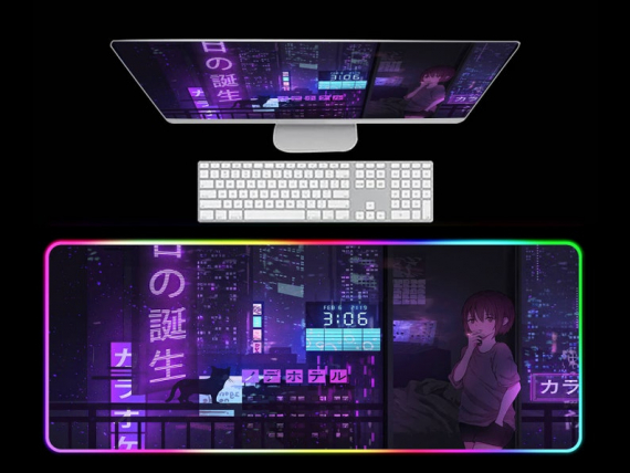 Purple Pink Or Green Neon Shallows City RGB Gaming Mouse Pad Japanese Led Mouse pad Gaming, Kawaii Mouse pad Anime HG