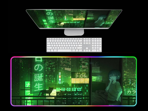 Purple Pink Or Green Neon Shallows City RGB Gaming Mouse Pad Japanese Led Mouse pad Gaming, Kawaii Mouse pad Anime HG