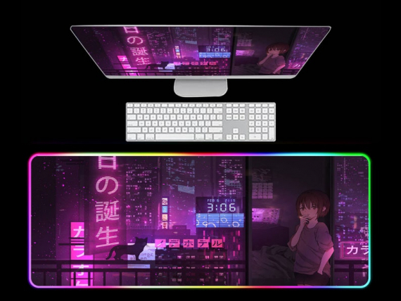 Purple Pink Or Green Neon Shallows City RGB Gaming Mouse Pad Japanese Led Mouse pad Gaming, Kawaii Mouse pad Anime HG