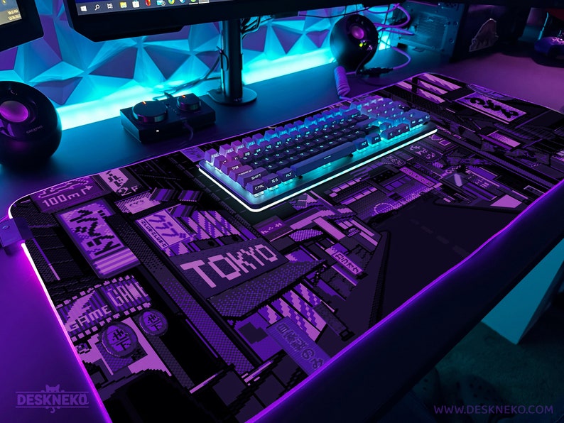 Purple Tokyo Street Japanese RGB Led Mouse pad Gaming, Kawaii Mouse pad Anime HG