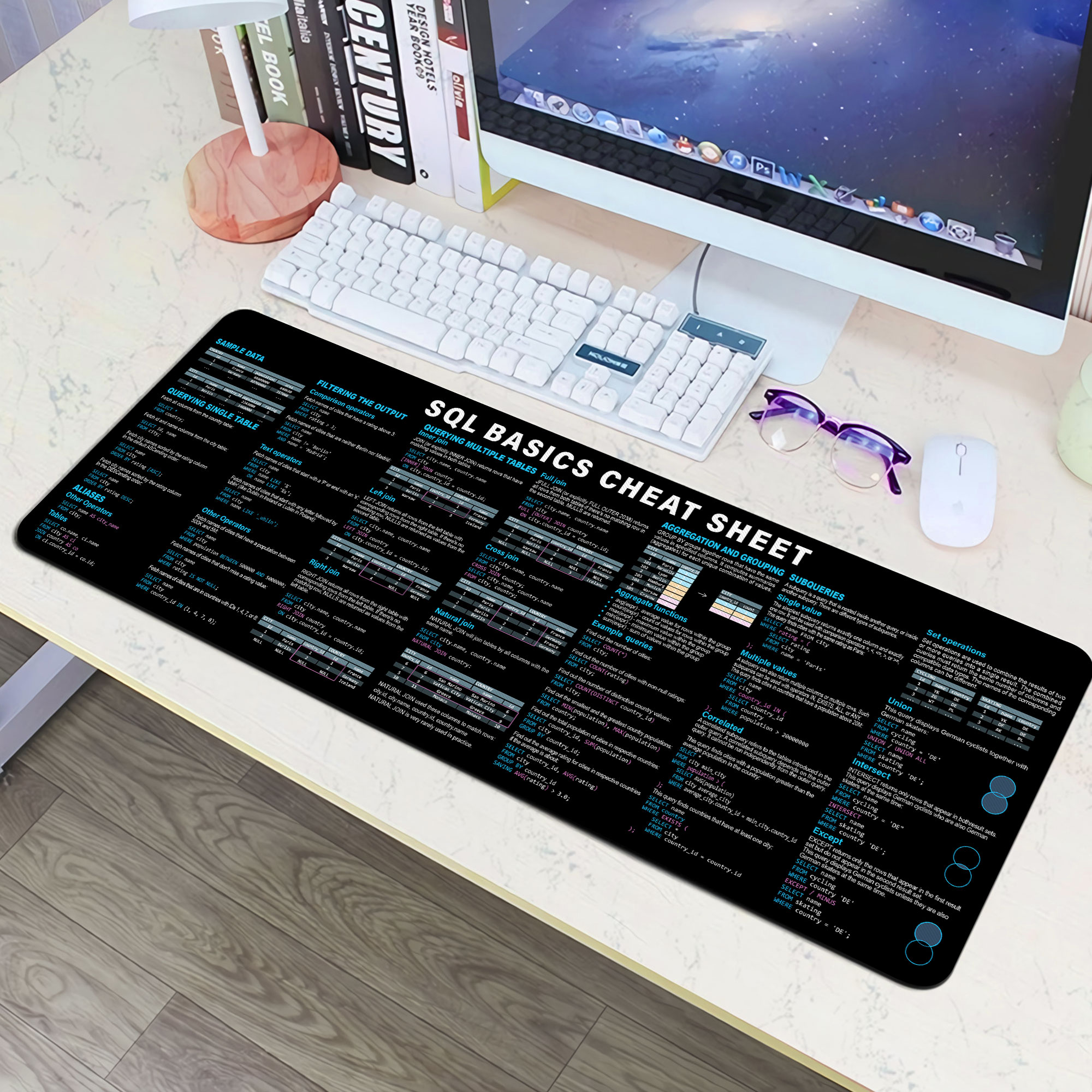SQL Cheat Sheet Desk Mat for database administrators, analysts, and programmers, Quick Key, Large Anti-Slip Keyboard Pad Mouse Mat HG