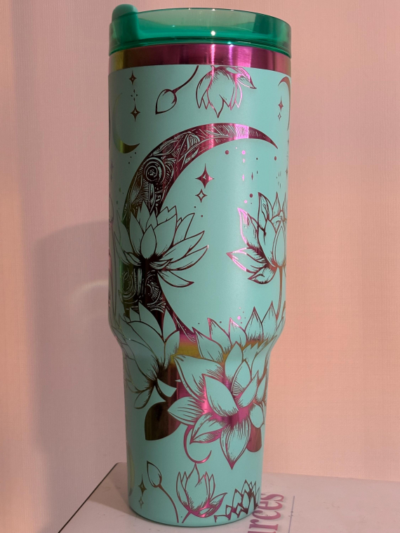 Celestial Moon and Lotus Flowers 30 or 40oz HFN Engraved Stainless Steel Tumbler Insulated Cup with Lid and Straw, Celestial Gift