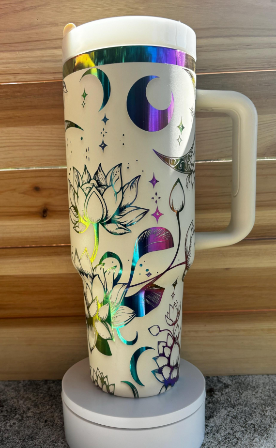 Celestial Moon and Lotus Flowers 30 or 40oz HFN Engraved Stainless Steel Tumbler Insulated Cup with Lid and Straw, Celestial Gift