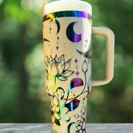 Celestial Moon and Lotus Flowers 30 or 40oz HFN Engraved Stainless Steel Tumbler Insulated Cup with Lid and Straw, Celestial Gift