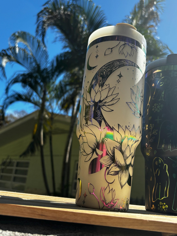 Celestial Moon and Lotus Flowers 30 or 40oz HFN Engraved Stainless Steel Tumbler Insulated Cup with Lid and Straw, Celestial Gift