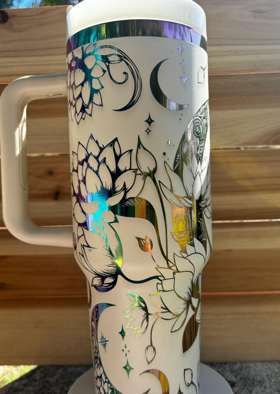 Celestial Moon and Lotus Flowers 30 or 40oz HFN Engraved Stainless Steel Tumbler Insulated Cup with Lid and Straw, Celestial Gift
